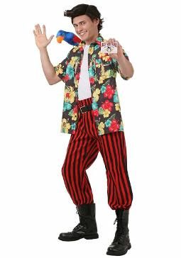 Ace Ventura Pet Detective Costume with Hawaiian shirt, striped pants and wig Ace Ventura Halloween Costume, 90s Inspired Halloween Costumes, Movie Character Cosplay, Costume With Wig, 90s Fancy Dress, Detective Costume, Ace Ventura Pet Detective, Ace Ventura Costume, 90s Halloween Costumes