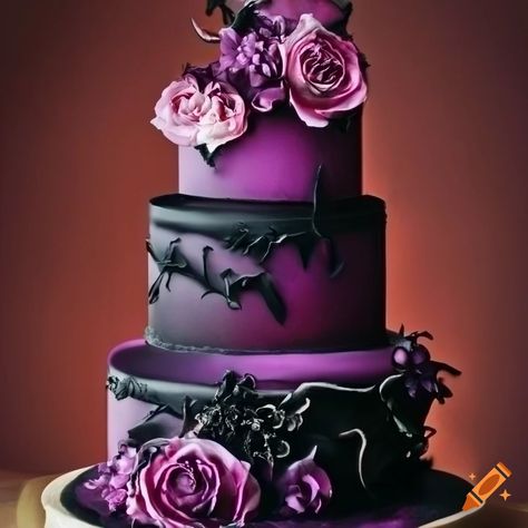 Black Ombre Cake, Black Cakes Birthday For Women, Black Cakes Birthday, Mystical Wedding, Victorian Style Decor, Dark Purple Wedding, 3 Tier Wedding Cake, Decorative Cakes, Tulip Wedding