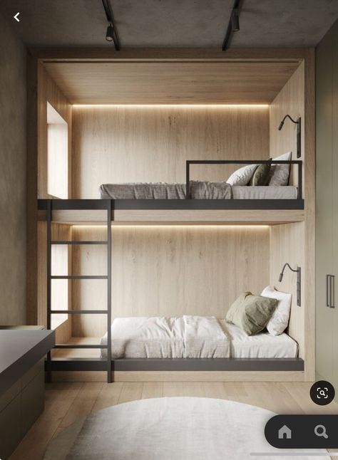 Modern Bunkbed Ideas, Bunk Bed Bedroom Design, Hotel Bunk Bed, Tiny Space Design, Bunk Bed Interior Design, Wooden Bunk Bed Design, Bunk Beds 2, Modern Built In Bunk Beds, Bunk Bedroom Design