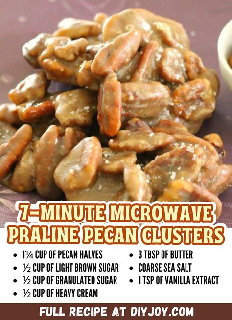 Praline Pecans Recipe Easy, Microwave Pralines Recipe, Pecan Clusters Recipe, Praline Pecans Recipe, Divinity Recipe, Pecan Recipes Easy, Pecan Clusters, Pralines Recipe, Clusters Recipe