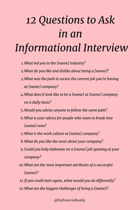 12 Questions to Ask in an Informational Interview Stay Interview Questions, Questions To Ask In An Interview, Tell Me About Yourself Interview Answer, Informational Interview, Best Interview Answers, Phone Interview Questions, Difficult Interview Questions, Job Interview Questions And Answers, 12 Questions To Ask