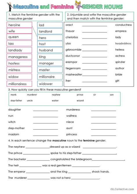 Worksheets to practice the use of masculine and feminine genders. Identity Therapy, Collective Nouns Worksheet, Proper Nouns Worksheet, Compound Words Worksheets, Pre K Worksheets, Worksheets For Grade 3, Nouns Worksheet, Collective Nouns, Verb Worksheets