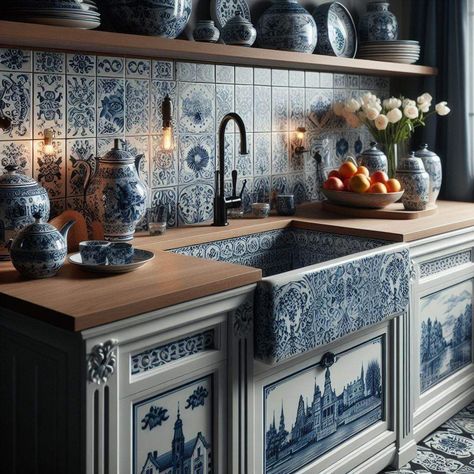 Delft Blue Kitchen Ideas, Dutch Blue Kitchen, Dutch Decor Interiors, Greek Style Kitchen Design, Delft Blue Kitchen, Delft Kitchen, Tile Architecture, Greek Kitchen, Kitchen Floating Shelves