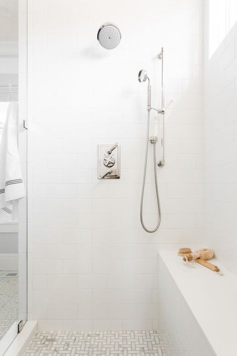 Absolutely love this bright white bathroom space with marble floor tile and white subway tile walls. I'm using at inspiration for our current bathroom remodel. Come see more of our gameplan and inspiration for our small bathroom renovation. Paddington House, Steam Shower Enclosure, White Subway Tile Shower, Subway Tiles Bathroom, Small Bathroom Renovation, Bathroom Transformation, Shower Fixtures, Master Bath Remodel, White Subway Tile