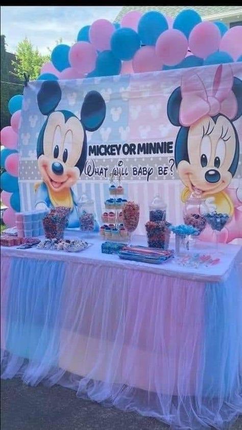 Oh Baby Backdrop, Disney Gender Reveal, Gender Reveal Food, Minnie Baby Shower, Boy Or Girl Gender Reveal, Mickey Baby Showers, Simple Gender Reveal, Gender Reveal Baby Shower Themes, Baby Gender Reveal Party Decorations