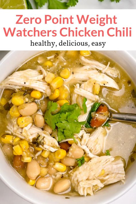 The easiest Zero Point Weight Watchers White Chicken Chili made with chicken breast, beans, corn, and green salsa is hearty, filling, and super delicious. Make it stovetop, in the slow cooker, or in the Instant Pot. #dinner #lunch #soup #freezerfriendly #kidfriendly #makeahead #quickandeasy Weight Watchers Chicken Chili, Weight Watchers White Chicken Chili, Weight Watchers Chili, White Chicken Chili Healthy, White Chicken Chili Slow Cooker, Chicken Chili Crockpot, Slow Cooker Chicken Chili, Crockpot White Chicken Chili, Slender Kitchen