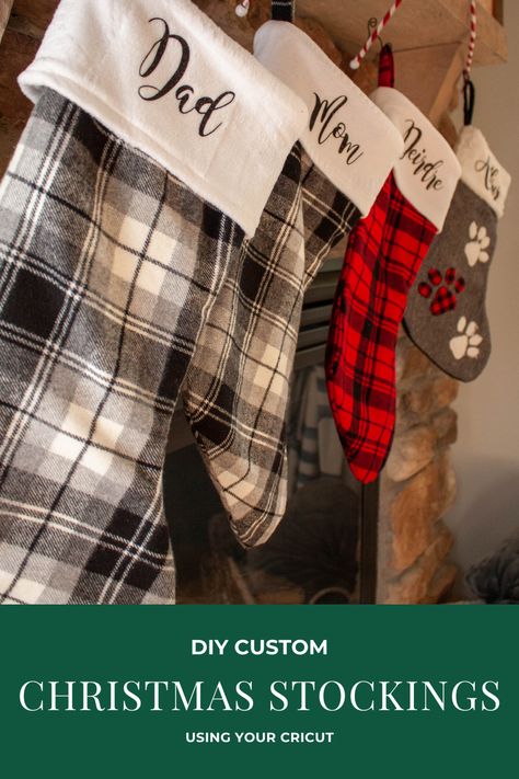 Custom Christmas Stockings - Welcome Labels Cricut, Cricut Labels, Diy Christmas Stockings, Christmas Decor Diy Cheap, Christmas Stockings Sewing, Flannel Christmas, Stockings With Names, Monogram Stockings, Diy Stockings