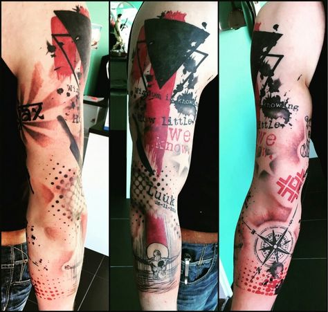 Trash Polka Sleeve, Mens Forearm Tattoos, Realistic Trash Polka, Tatuaje Trash Polka, Polka Tattoo Designs, Trash Polka Tattoo Designs, Trash Polka Tattoos, Tattoo Trash, Geometric Sleeve Tattoo