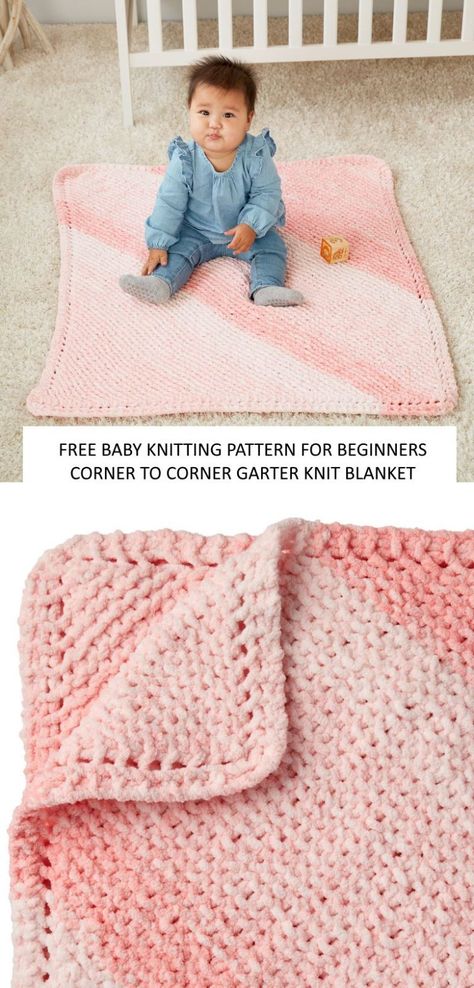 Free Knitting Pattern for a Beginner Corner to Corner Garter Knit Blanket Knit Blanket Beginner, Blanket Corner, Beginner Blanket, Chunky Knit Blanket Pattern, Easy Blanket Knitting Patterns, Easy Knit Baby Blanket, Knit Baby Blanket Pattern Free, Knitted Blanket Squares, Free Baby Blanket Patterns