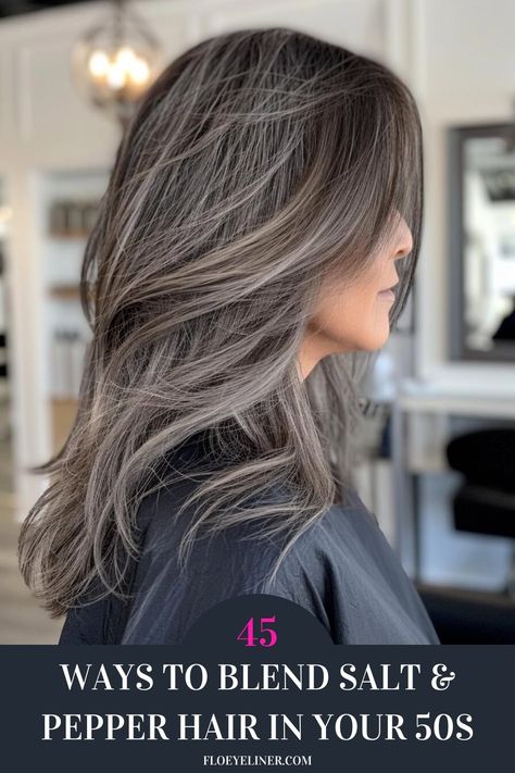 Ready to embrace your silvers? Then you need to see these 45 ways to blend salt & pepper hair for a gorgeous look! From the two-tone black and white hair color you see here to natural gray highlights and platinum white streaks, there's a lot of silver hair inspo for women over 50 on our blog. Click the pin to view it now! How To Highlight Grey Hair Going Gray, Grey Blending Hairstyles, Hair Colour For Brunettes Going Grey, Silver And Grey Hair Color Ideas, Women’s Gray Hair, Salt And Pepper Lowlights, High And Low Lights Hair Grey, Reverse Highlights For Grey Hair, Hair Coloring For Graying Hair