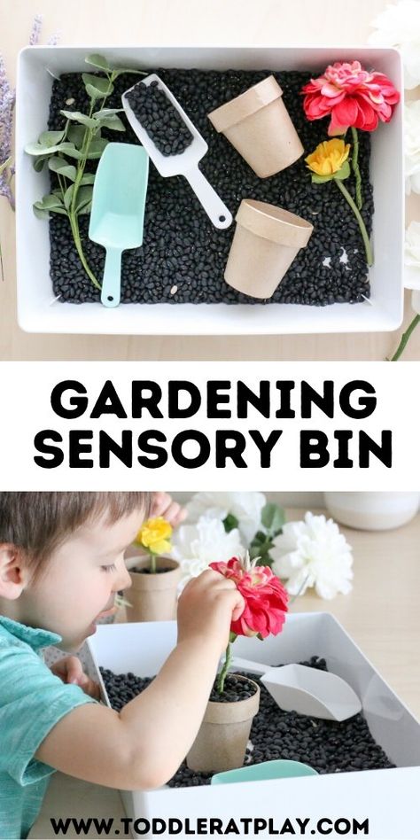 Gardening Sensory Bin - Toddler at Play Gardening Sensory Table, Garden Sensory Table, Gardening Activities For Toddlers, Garden Activities For Toddlers, Sensory Table Ideas For Preschool, Toddler Classroom Set Up, Gardening Sensory Bin, Easy Sensory Bins, Sensory Bin Table