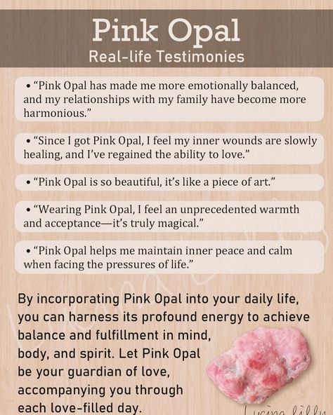 🩷Pink Opal Usage Instructions🩷 🔮Pink Opal Usage Instructions When you feel a lack of love within, seeking more love from outside sources, or desiring love and recognition both materially and spiritually, Pink Opal offers you ample support and acceptance at every moment of self-judgment. 🛍️If you want to have your own Pink Opal,come to my etsy shop and pick one. #pinkopals #pinkopal #crystalenergyhealing #crystalmagicsedona #heartchakra💚 #heartchakra #luckystones #healingcrystalsandstones Pink Opal Crystal Meaning, Opal Crystal Meaning, Lack Of Love, Witch Life, Opal Meaning, Crystals Healing Properties, Crystals Healing, Crystal Magic, More Love