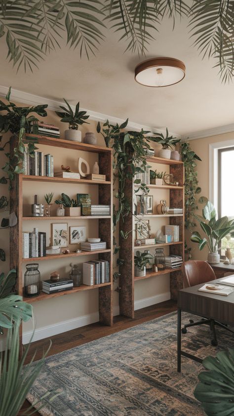 Jungle Theme Entrance, Jungle Theme Wallpaper, Bohemian Office Space, Boho Office Space Workspaces, Bohemian Home Office, Office Space Ideas, Bohemian Office, Home Office Workspace, Rustic Home Offices