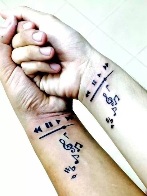 Matching music themed best friends wrist tattoos. Music Best Friend Tattoos, Matching Music Tattoos Friends, Music Couple Tattoos, Best Friend Music Tattoos, Matching Tattoos Music, Matching Music Tattoos, Music Wrist Tattoos, Couple Music, Matching Friends