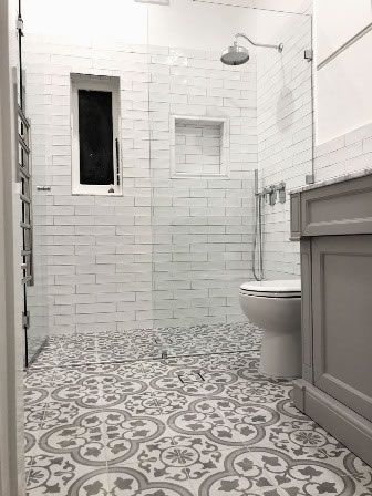 Classic design in these Spanish pattern floor tiles and handmade walls. Encaustic tiles Sydney Cuban Silver. #bathroom #design #renovation Moroccan Tiles Bathroom, Moroccan Tile Bathroom, Pattern Floor Tiles, Spanish Pattern, Marble Bathroom Floor, Moroccan Bathroom, Silver Bathroom, Encaustic Tiles, Farmhouse Shower