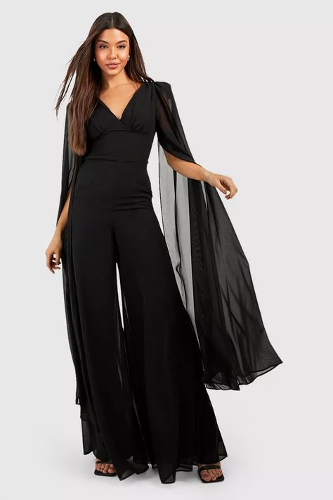 Cape Detail Plunge Wide Leg Jumpsuit | boohoo Jumpsuit With Cape, Womens Cape, Tuxedo Jumpsuit, V Neck Jumpsuit, Designer Jumpsuits, Slicked Back Hair, Capes For Women, Cape Sleeves, Sitting Pretty