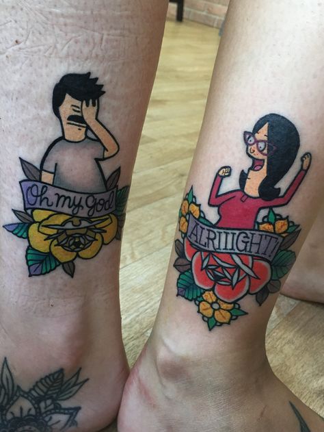 Non Traditional Matching Tattoos, Pop Culture Matching Tattoos, Bobs Burgers Couple Tattoos, Traditional Tattoos Couples, Old School Matching Tattoos, Bob And Linda Couple Tattoo, Matching Bobs Burgers Tattoos, Bob’s Burger Tattoo, Bobs Burgers Matching Tattoos