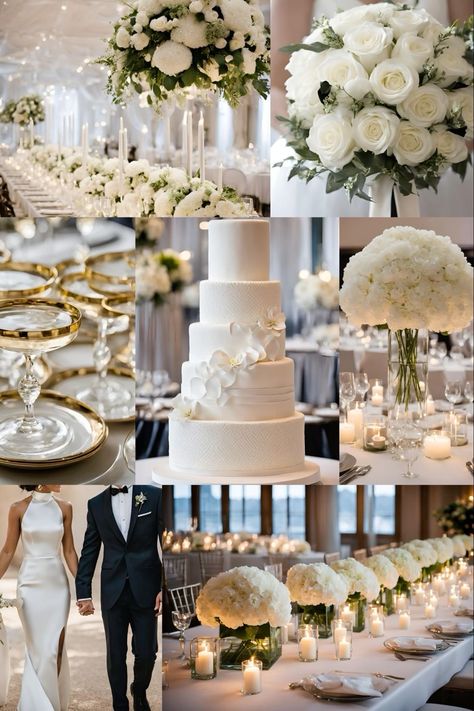 11 11 Wedding Theme, Wedding Colors For May Weddings, Safe And White Wedding, Classic White Wedding Reception, Classic Elegant Wedding Centerpiece, Neutral Wedding With Greenery, Classy Timeless Wedding Decor, Classic White Wedding Theme, Elegant Classy Wedding Aesthetic