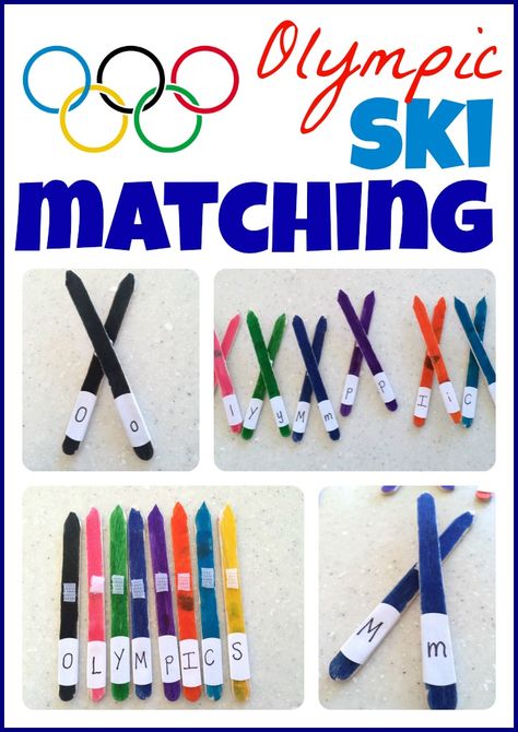 Match colors, capital and lowercase letters, or even math facts with this fun Olympic Ski Matching activity! Winter Sports Preschool, Winter Sports Crafts, Winter Olympics Activities, Preschool Olympics, Olympic Games For Kids, Olympic Idea, Olympic Crafts, Olympics Activities, Olympic Theme