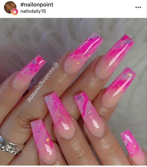 Hot Pink Glitter Marble Hot Pink Marble Acrylic Nails, Bright Pink Marble Nails, Neon Pink Marble Nails, Hot Pink Nails With Design Glitter, Hot Pink Acrylics, Hot Pink Marble Nails, Hot Pink Nails With Glitter, Neon Pink Nails With Glitter, Hot Pink Prom Nails