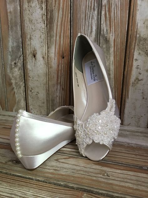 Open Toe Lace Beaded Low Wedge Satin and Lace Bridal Shoe Peep Toe Lace Wedding 1" Heel Wedge Shoe by LaBoutiqueBride on Etsy Elegant Satin Wedding Shoes With 4-inch Heel, Vintage 4-inch Heel Wedding Heels, Wedding Shoes Open Toe, Elegant Cream Wedding Shoes With 4-inch Heel, Glamorous Synthetic Wedding Shoes With 4-inch Heel, Vintage Wedding Heels With 4-inch Heel, Grunge Wedding, Lace Bridal Shoes, Bride Heels