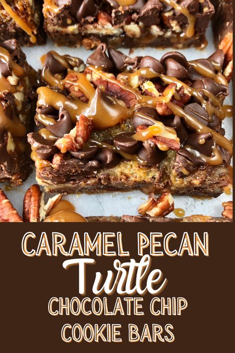 Caramel Pecan Turtle Chocolate Chip Cookie Bars | All the Sweets Turtle Cookie Bars, Pecan Turtles, Chocolate Store, Turtle Cookies, Pecan Bars, Chocolate Turtles, Dessert Bar Recipe, Chocolate Chip Cookie Bars, Pecan Cookies