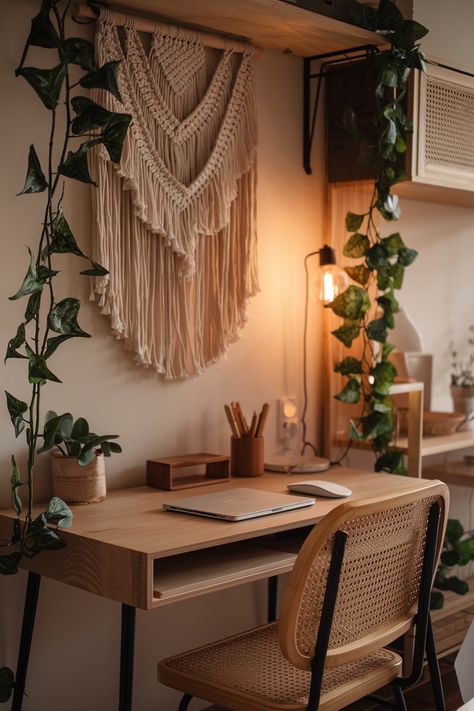 Natural Wood Desk and 34 More Modern Boho Office Ideas Bohemian Home Office Decor, Boho Office Ideas, Apartment Home Office Ideas, Modern Boho Office, Setting Up A Home Office, Natural Wood Desk, Color Palette Interior Design, Cozy Workspace, Boho Office