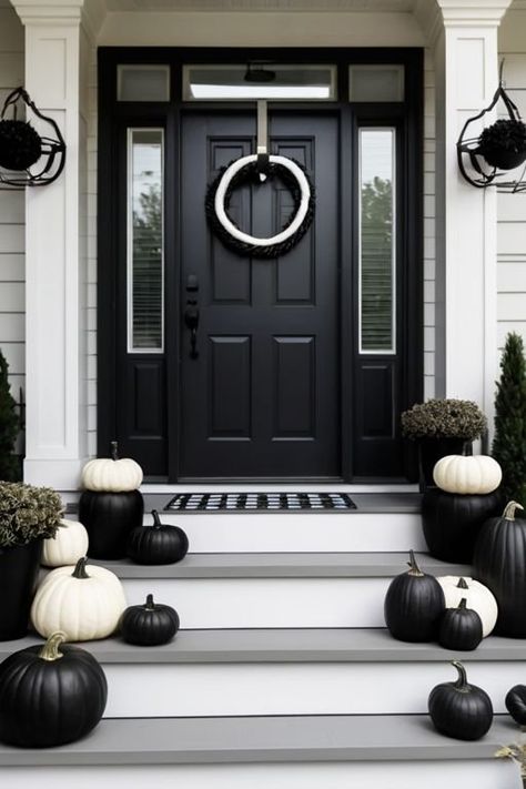 No-Carve, No-Mess Painted Pumpkins — Hennai Modern Home Minimalist Outdoor Halloween Decor, Black And White Halloween Porch, Painted Pumpkins Easy, Diy Painted Pumpkins, Porch Styling, Eerie Aesthetic, Minimalist Halloween Decor, Black Pumpkins, Simple Halloween Decor