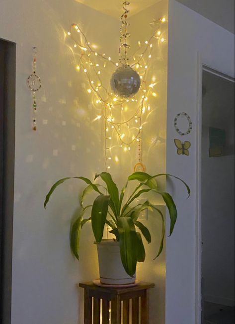 Room decor inspiration using a disco ball in a plant holder and lights Disco Ball Room Decor, Room Decor Inspiration, Ball Room, Plant Holder, Disco Ball, Plant Holders, Decor Inspiration, Dining Room, Room Decor