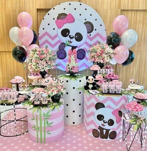 Cake Table Party, Panda Birthday Party Decorations, Table Party Decor, Panda Pink, Panda Birthday Party, Panda Decorations, Background Birthday, Circle Background, Panda Birthday