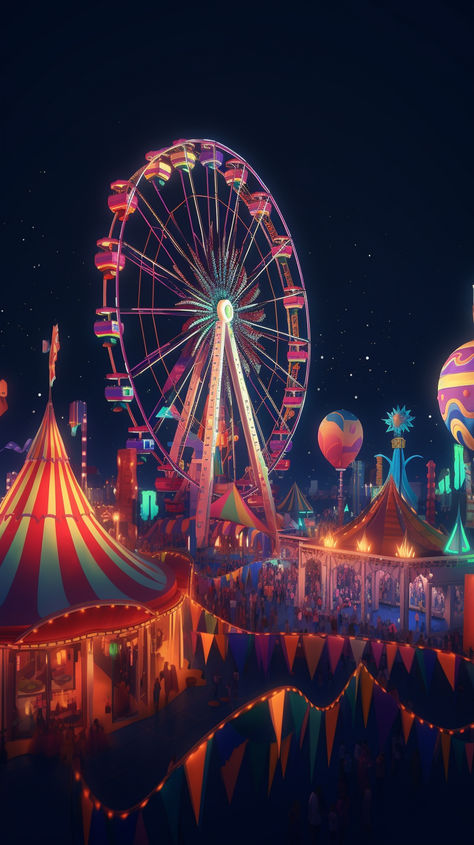 carnival theme background in stylized art style with rides on the background with a night sky on top and lights on the rides , stylized art, 3d octane render Circus Theme Painting, Carnival Theme Background, Circus Wallpaper Backgrounds, Carnival Wallpaper Aesthetic, Theme Park At Night, Fantasy Carnival Art, Carnival Concept Art, Theme Park Background, Carnival Aesthetic Night