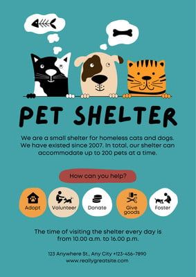 Teal Cartoon Illustrated Pet Shelter Poster - Templates by Canva Animal Shelter Poster Ideas, Animal Shelter Poster, Pet Shelter Aesthetic, Animals Shelter, Animal Shelter Donations, Animal Shelter Fundraiser, Animal Shelter Design, Charity Poster, Drive Poster