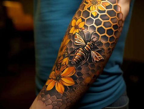 Queen Bee Honeycomb Tattoo, Bee Neck Tattoos Women, Knee Bee Tattoo, Bailey Tattoo, Bees Tattoo, Sunday Tattoo, Tattoo Different, Queen Bee Tattoo, Honey Bee Tattoo