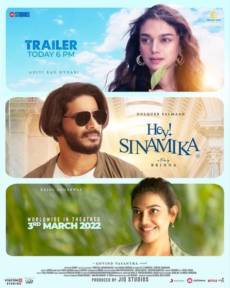 Aditi Rao Hydari, Dulquer Salmaan and Kajal Aggarwal Character Poster Design, Hey Sinamika, Font Psychology, Indian Wedding Album Design, Movie Character Posters, Telugu Language, Dulquer Salmaan, Photography Office, Aditi Rao Hydari