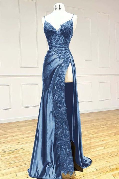 Prom Dress Necklines, Under The Stars Prom Dress, Bedazzled Dresses, Black Fitted Prom Dress, Sapphire Prom Dress, Prom Color Ideas, Dusty Blue Prom Dress, Y2k Formal Dress, Prom Dresses Navy