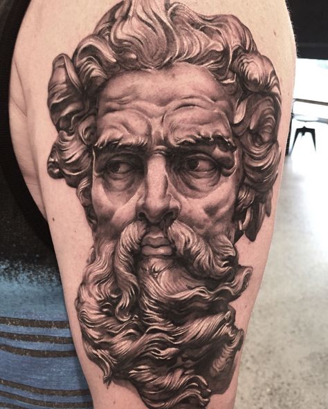 Poseidon Portrait, Blitz Tattoo, Leg Band Tattoos, Greek God Tattoo, Poseidon Tattoo, Zeus Tattoo, Statue Tattoo, Greek Mythology Tattoos, Forarm Tattoos