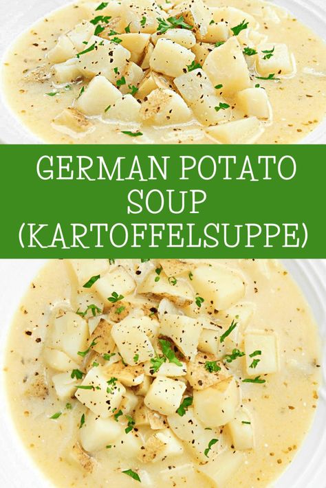 Potato Soup With Rivels Pennsylvania Dutch, German Potato Soup Recipe, Chunky Potato Soup, Oktoberfest Recipes, German Potato Soup, Vegan Bacon Bits, Swiss Food, Vegan Potato Soup, Cream Of Potato Soup