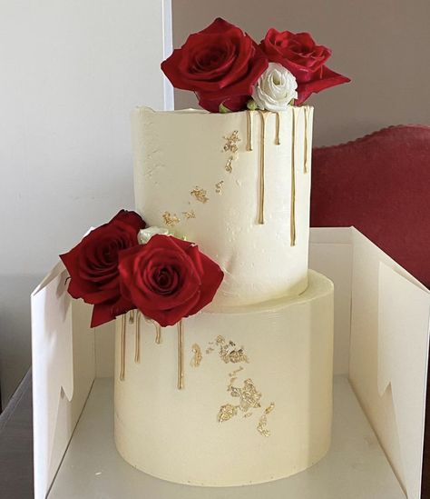 50th Birthday Cake Red And Gold, Red Cake 2 Tier, Red Tier Cake, Two Tier Anniversary Cake Designs, White Cake Red Roses, Red White And Gold Wedding Cake, Two Tier Birthday Cake For Women Elegant, Anniversary Cake 2 Tier, Red Wedding Cake Elegant