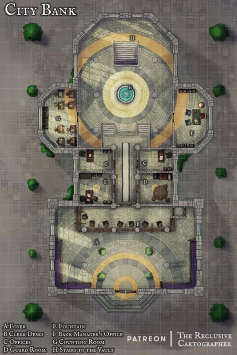 Ground floor level of an elegant city bank building, with front desk clerk stations, meeting rooms, a guard room, and more. #battlemap #dnd Dnd Bank Vault Map, Dnd Heist Map, Dnd Bank Map, Dnd Vault Map, Vault Battlemap, Honey Heist, Dnd Locations, Bank Heist, City Bank