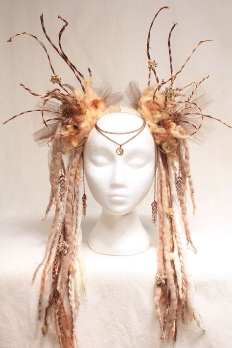 Ok Colored Dreads, Flowers And Feathers, Flower Headdress, Woodland Fairy, Soft Beige, Fantasy Costumes, Fairy Princesses, Fairy Costume, Ostrich Feathers