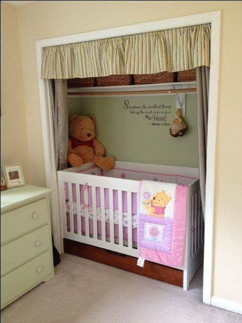 Reborn Nursery Ideas, Crib In Closet, Closet Nursery, Baby Room Closet, Tiny Nursery, Nursery Nook, Small Space Nursery, Corner Closet, Baby Nursery Diy