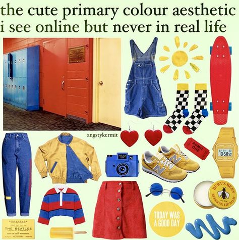 love Primary Outfits, Primary Color Outfit, Outfit Ideas Pants, 80s Aesthetic Outfits, Colorful Outfit Ideas, Fashion Aesthetic Outfits, Colorful Outfit, Niche Memes, 80s Aesthetic