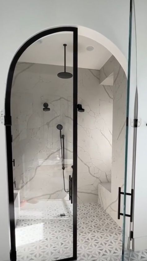 Large Shower Ideas Master Bath Modern, Arch Glass Shower Door, Arched Glass Shower Doors, Double Shower Tile Ideas, Rounded Shower Door, Arched Shower Door Opening, Arched Shower Doors, Big Bathroom Layout Ideas, Big Glass Shower Master Bath