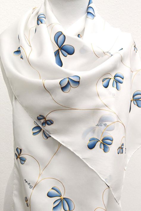 Bridal Scarf, Saree Painting Designs, Silk Scarf Design, Fabric Paint Diy, Fabric Painting Techniques, Blue Silk Scarf, Hand Painted Dress, Fabric Painting On Clothes, Fabric Paint Designs