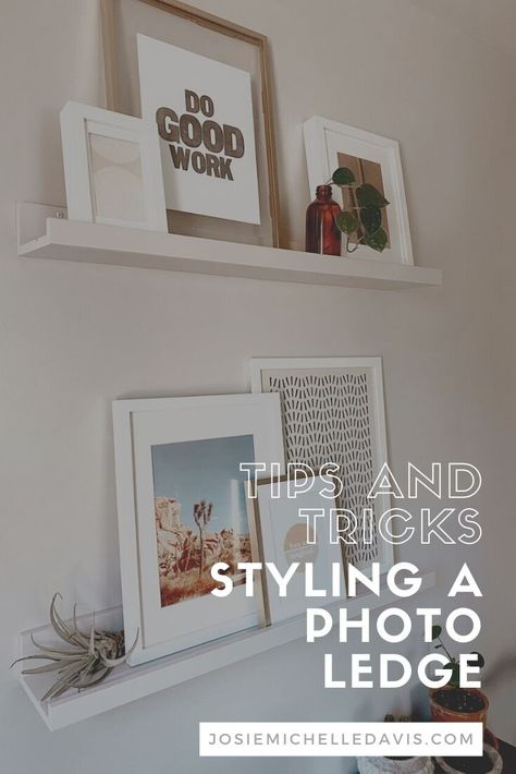 Photo Ledge Bedroom, Style Picture Ledge, Style A Picture Ledge, Ikea Photo Ledge, Photo Ledge Display, Ikea Picture Shelves, Picture Ledge Shelves, Josie Davis, Mosslanda Picture Ledge