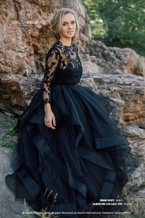 Swan Black Engagement or Wedding Dress Waves Horsehair Dress | Etsy Black Wedding Gowns Plus Size, Country Bridal Gown, Two Piece Wedding Dress, Lace Wedding Dress With Sleeves, Ruffle Wedding Dress, Bohemian Bridal, Gown Plus Size, Engagement Dresses, Gothic Wedding