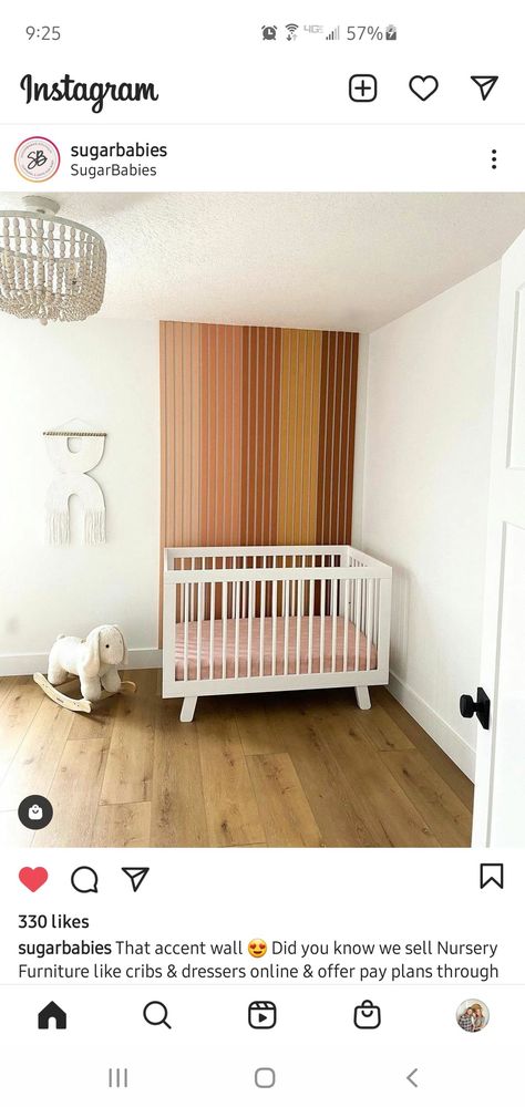 Slat wall nursery Slat Wall Nursery, Crib In Corner Of Nursery, Purple Girls Bedroom, Wood Wall Tiles, Boho Baby Room, Nursery Deco, Wood Slat Wall, Bedroom Corner, Nursery Room Design