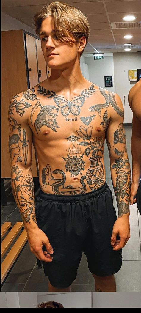 Mens Realism Tattoo Sleeve, Man Chest Tattoo Ideas, Mens Center Chest Tattoo, Indonesia Tattoo Traditional, Men’s Body Tattoo, Cool Stomach Tattoos For Men, Men’s Torso Tattoos, Men’s Traditional Arm Sleeve, Medium Chest Tattoo Men