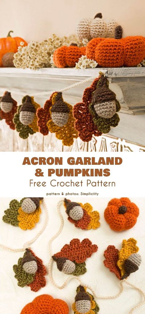 Acorn Garland and Pumpkins Free Crochet Pattern Here you will find a lovely pattern not only for acorn and leaf garland, but also for mini crocheted pumpkins. Crocheted Pumpkins, Crochet Fall Decor, Thanksgiving Garland, Thanksgiving Crochet, Crochet Garland, Fall Crochet Patterns, Halloween Crochet Patterns, Crochet Leaves, Crochet Fall