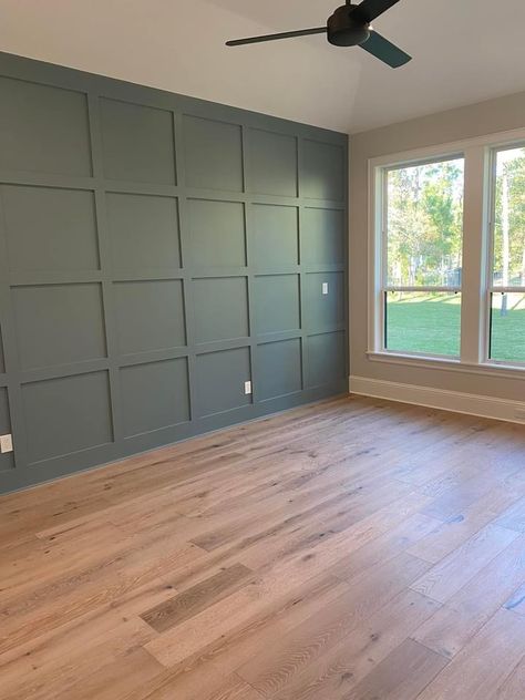 Accent Wall Layout, Master Bedrooms Decor Farmhouse Accent Wall, Living Room Grid Accent Wall, Green Paneled Accent Wall, Wood Frame Accent Wall, Square Trim Accent Wall, Wood Grid Accent Wall, Wood Wall Treatments Living Room, Raised Accent Wall